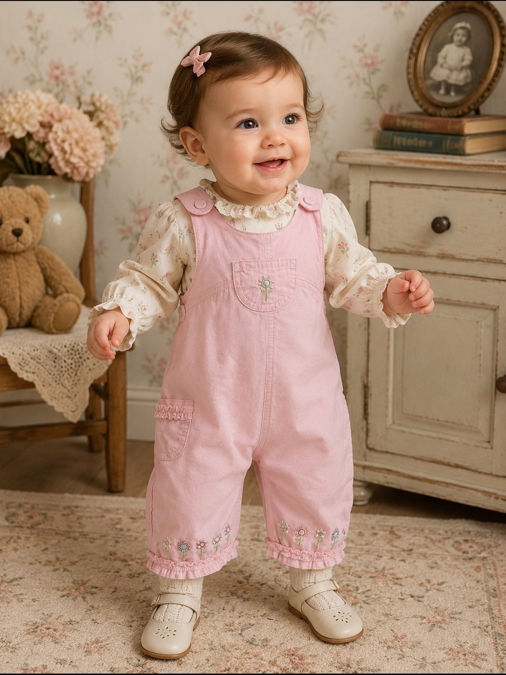 Adams Kids Rare Y2K / Vintage Pink Floral Embroidered Baby Overalls 6-9 M